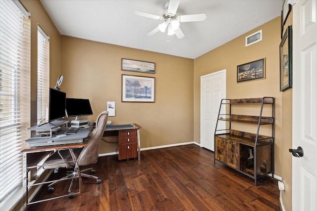 16418 Willowpark Dr, Tomball, TX 77377 - office area with hardwood / wood-style flooring, a ceiling fan, and baseboards