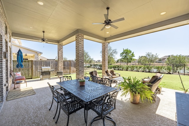 30411 Indigo Falls Dr, Brookshire, TX 77423 - view of patio featuring a ceiling fan, outdoor dining area, and grilling area