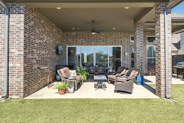 30411 Indigo Falls Dr, Brookshire, TX 77423 - view of patio / terrace with an outdoor hangout area, ceiling fan, and area for grilling