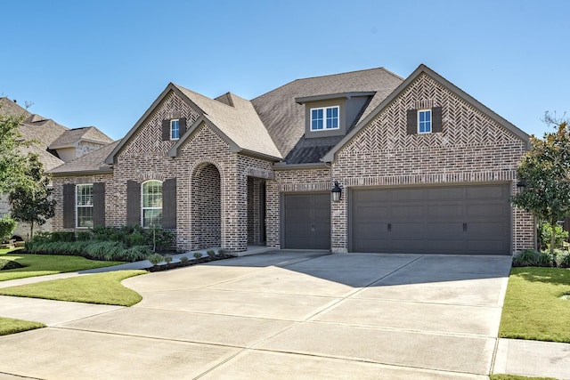 30411 Indigo Falls Dr, Brookshire, TX 77423 - french country inspired facade with brick siding, concrete driveway, a shingled roof, and a front yard