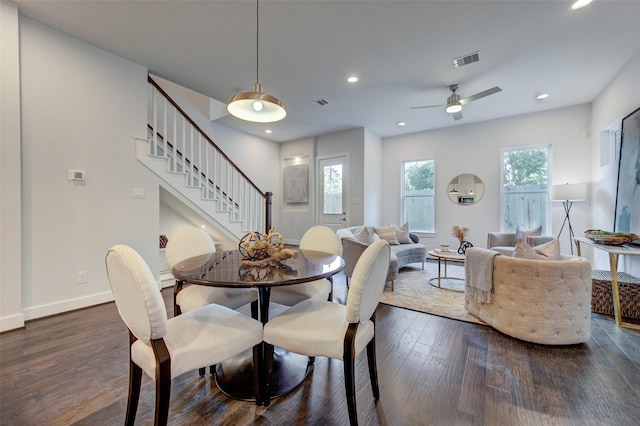 847 Rachel St Unit H, Houston, TX 77091 - dining room with stairs, dark wood finished floors, ceiling fan, and recessed lighting