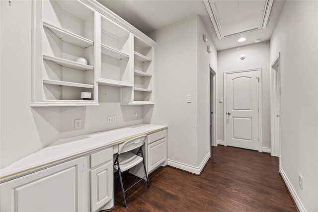 6 Volerran Path Ln, Missouri City, TX 77459 - unfurnished office with attic access, built in study area, dark wood-style flooring, baseboards, and recessed lighting