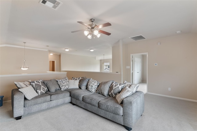 3610 Harewood Ct, Pearland, TX 77584 - living room featuring light carpet, a ceiling fan, and baseboards