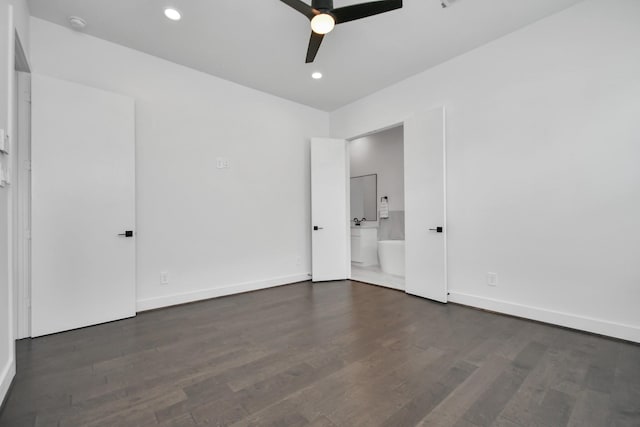 849 Mansfield St Unit F, Houston, TX 77091 - unfurnished bedroom featuring dark wood-type flooring, ensuite bath, recessed lighting, and a ceiling fan