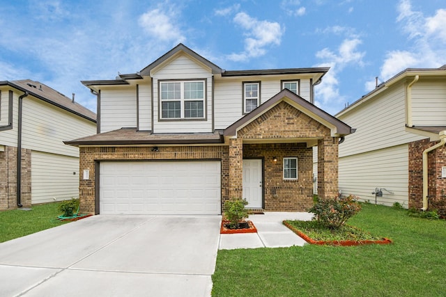 18510 Snowy River Ln, Katy, TX 77084 - view of front of home with brick siding, an attached garage, driveway, and a front yard