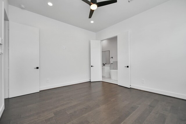 849 Mansfield St Unit A, Houston, TX 77091 - unfurnished bedroom featuring wood finished floors, ensuite bath, recessed lighting, and a ceiling fan