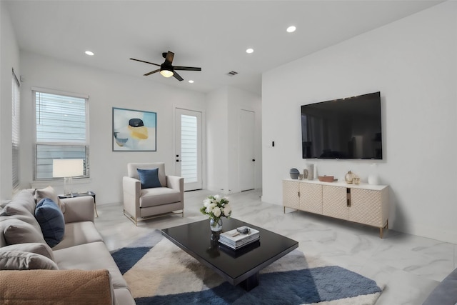 853 Mansfield St Unit F, Houston, TX 77091 - living area with light marble finish floors, recessed lighting, and ceiling fan