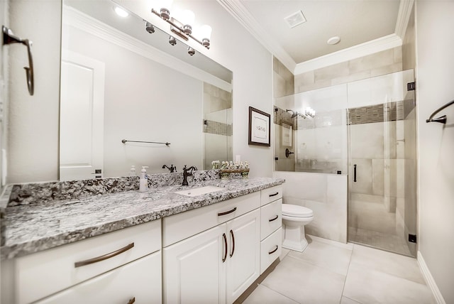 22414 Meadowhurst Cir W, Tomball, TX 77377 - bathroom with crown molding, vanity, a stall shower, toilet, and tile patterned flooring