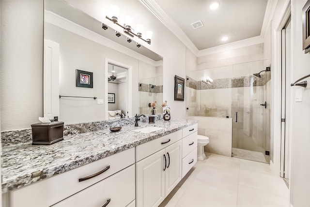 22414 Meadowhurst Cir W, Tomball, TX 77377 - bathroom featuring ornamental molding, a stall shower, vanity, toilet, and a ceiling fan