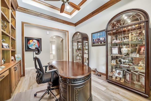 22414 Meadowhurst Cir W, Tomball, TX 77377 - office space featuring arched walkways, a ceiling fan, crown molding, light wood-style floors, and baseboards