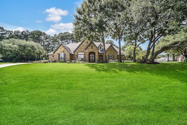22414 Meadowhurst Cir W, Tomball, TX 77377 - tudor house with stone siding and a front lawn