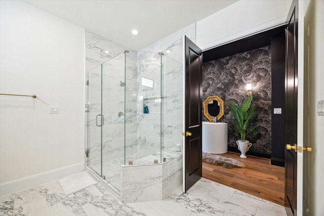 619 W 26th St, Houston, TX 77008 - full bathroom with marble finish flooring, a marble finish shower, baseboards, and recessed lighting