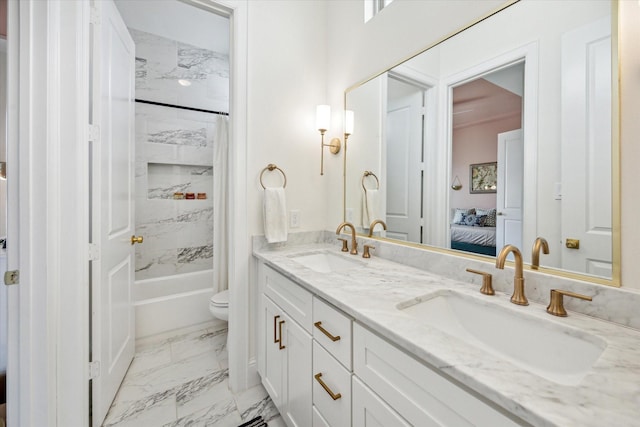 619 W 26th St, Houston, TX 77008 - full bathroom with marble finish flooring, double vanity, shower / bathtub combination with curtain, ensuite bath, and toilet