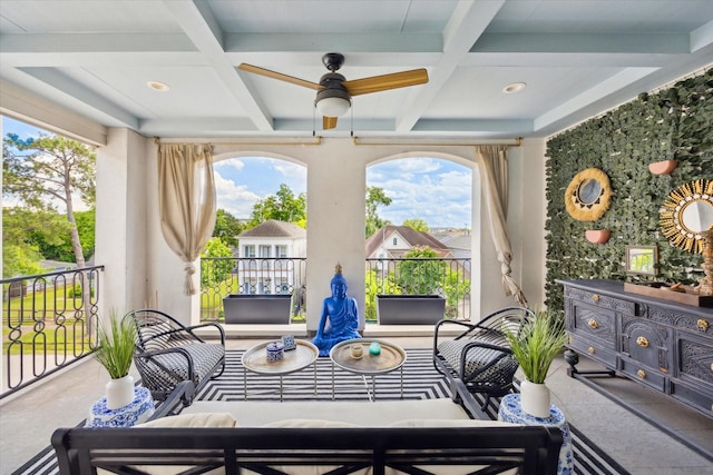 619 W 26th St, Houston, TX 77008 - dining room featuring coffered ceiling, ceiling fan, beam ceiling, healthy amount of natural light, and recessed lighting