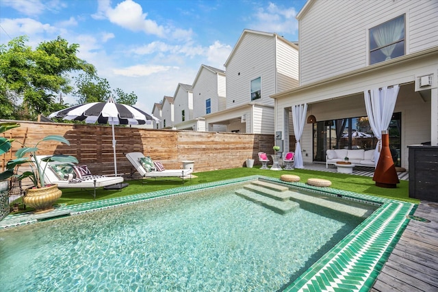 619 W 26th St, Houston, TX 77008 - view of pool featuring an outdoor living space, a fenced backyard, and a patio area