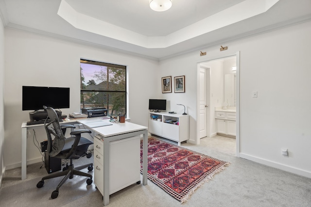 13614 Champions Centre Dr, Houston, TX 77069 - home office featuring a tray ceiling, light colored carpet, baseboards, and crown molding
