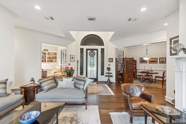 13614 Champions Centre Dr, Houston, TX 77069 - living area with crown molding, recessed lighting, and dark wood-type flooring