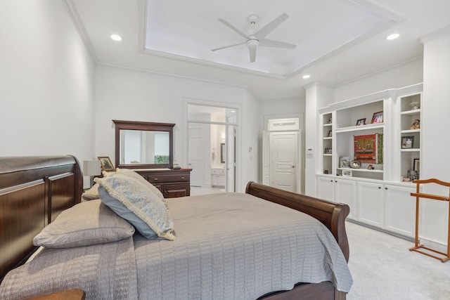 13614 Champions Centre Dr, Houston, TX 77069 - bedroom with a raised ceiling, light colored carpet, crown molding, recessed lighting, and ensuite bathroom