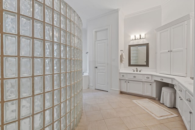 13614 Champions Centre Dr, Houston, TX 77069 - full bathroom featuring crown molding, tile patterned flooring, vanity, and a shower