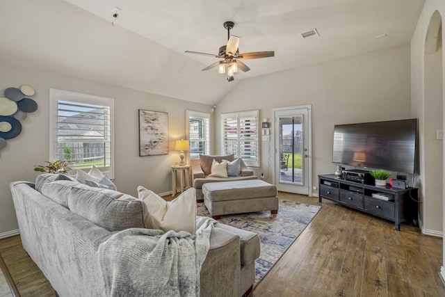 9210 Monarch Field Ln, Cypress, TX 77433 - living area featuring a ceiling fan, lofted ceiling, and wood finished floors