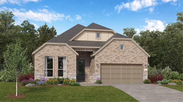 3017 Redtop Hill Dr, Katy, TX 77493 - view of front of house with driveway, a front yard, stone siding, brick siding, and a garage
