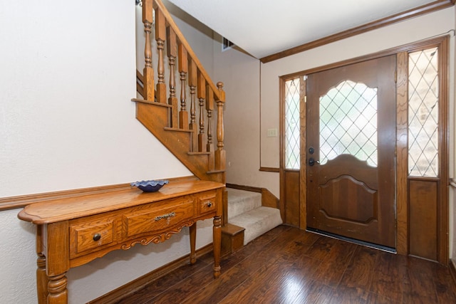 12210 Rocky Lake Ct, Houston, TX 77070 - foyer entrance with stairs, dark wood-type flooring, ornamental molding, and baseboards