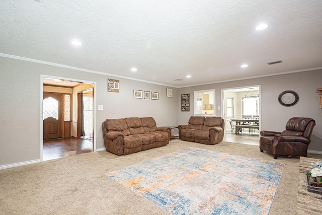 12210 Rocky Lake Ct, Houston, TX 77070 - living room with carpet flooring, crown molding, recessed lighting, baseboards, and a textured ceiling