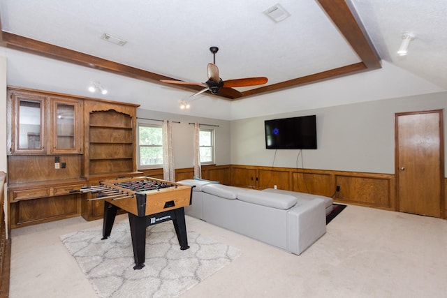 12210 Rocky Lake Ct, Houston, TX 77070 - playroom with a wainscoted wall, light carpet, a ceiling fan, and wooden walls