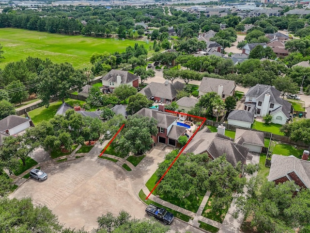9611 Haven Crossing Ct, Houston, TX 77065 - aerial view of residential area with property parcel outlined and a tree filled landscape