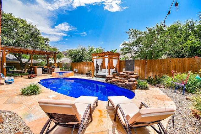 9611 Haven Crossing Ct, Houston, TX 77065 - view of pool with a hot tub, a pergola, a fenced backyard, and a patio
