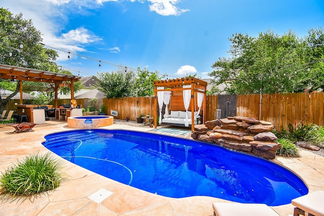 9611 Haven Crossing Ct, Houston, TX 77065 - view of swimming pool featuring an in-ground hot tub, a pergola, and a fenced backyard
