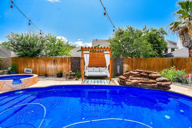 9611 Haven Crossing Ct, Houston, TX 77065 - view of pool with an in-ground hot tub, a pergola, a fenced backyard, an outdoor hangout area, and a patio area