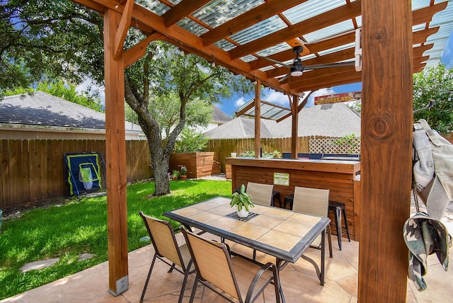 9611 Haven Crossing Ct, Houston, TX 77065 - view of patio featuring ceiling fan, a pergola, and outdoor dining space