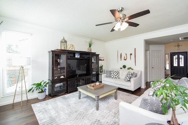 9611 Haven Crossing Ct, Houston, TX 77065 - living area with ornamental molding, dark wood-style floors, ceiling fan, and baseboards