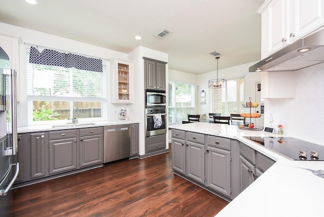 9611 Haven Crossing Ct, Houston, TX 77065 - kitchen with stainless steel appliances, gray cabinets, a sink, dark wood-style floors, and recessed lighting