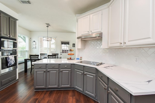 9611 Haven Crossing Ct, Houston, TX 77065 - kitchen with stainless steel appliances, gray cabinetry, a peninsula, under cabinet range hood, and decorative backsplash