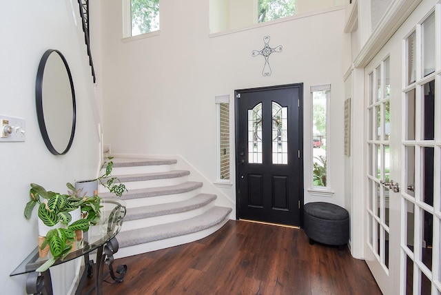 9611 Haven Crossing Ct, Houston, TX 77065 - foyer with wood finished floors, stairs, a towering ceiling, and french doors