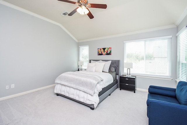 9611 Haven Crossing Ct, Houston, TX 77065 - bedroom featuring ornamental molding, baseboards, light colored carpet, lofted ceiling, and ceiling fan