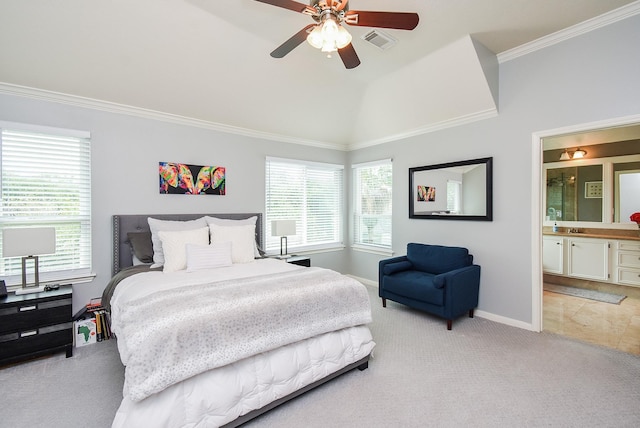 9611 Haven Crossing Ct, Houston, TX 77065 - bedroom with light carpet, lofted ceiling, ornamental molding, baseboards, and ensuite bathroom