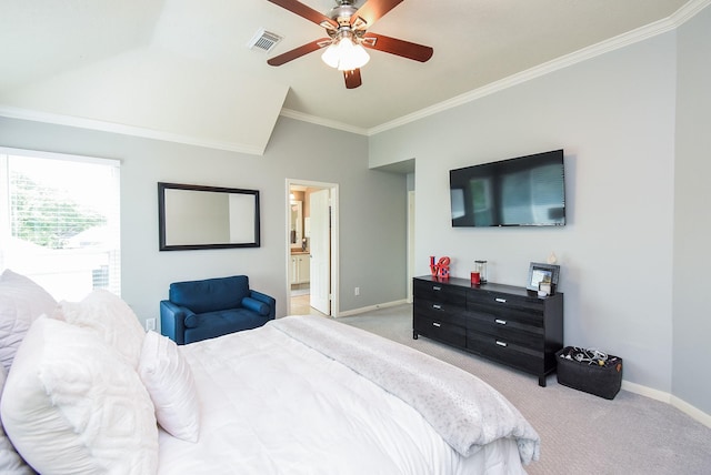 9611 Haven Crossing Ct, Houston, TX 77065 - bedroom with vaulted ceiling, light colored carpet, baseboards, crown molding, and ensuite bath