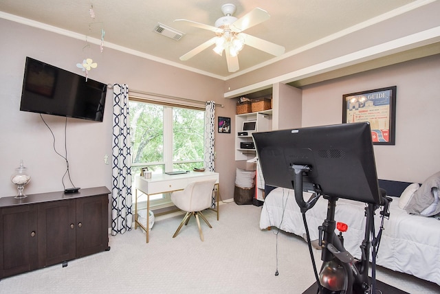 9611 Haven Crossing Ct, Houston, TX 77065 - bedroom featuring light colored carpet, a desk, crown molding, and a ceiling fan
