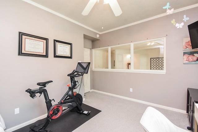 9611 Haven Crossing Ct, Houston, TX 77065 - exercise room with a ceiling fan, ornamental molding, baseboards, and carpet