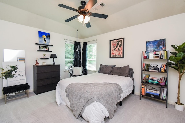 9611 Haven Crossing Ct, Houston, TX 77065 - bedroom featuring light carpet, baseboards, a ceiling fan, and lofted ceiling