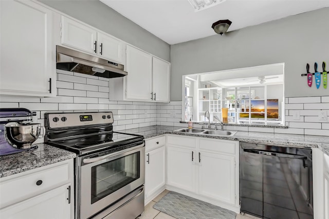2138 Middle Creek Dr, Houston, TX 77339 - kitchen featuring stainless steel electric range oven, black dishwasher, under cabinet range hood, a sink, and backsplash
