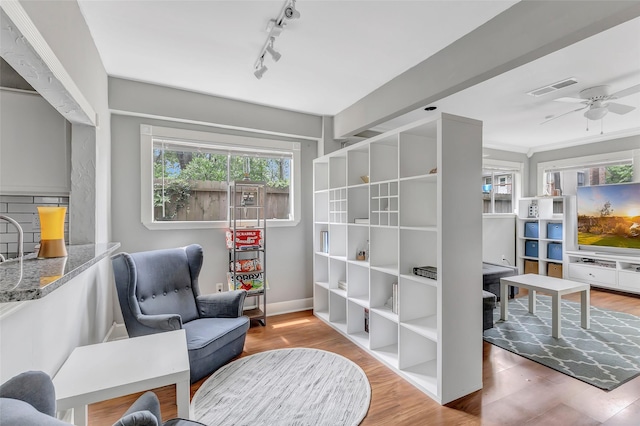 2138 Middle Creek Dr, Houston, TX 77339 - living area featuring wood finished floors, a ceiling fan, and rail lighting