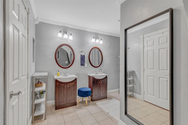 2138 Middle Creek Dr, Houston, TX 77339 - bathroom featuring ornamental molding, tile patterned floors, two vanities, and baseboards
