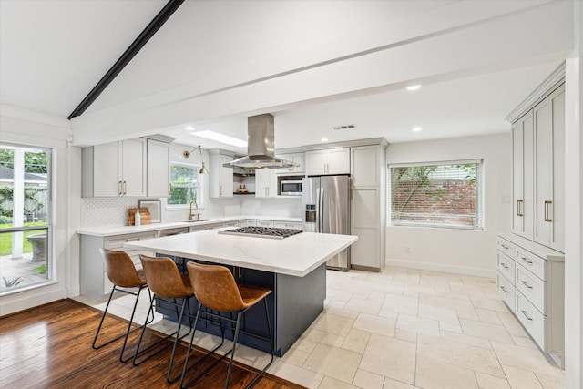 7811 Skyline Dr, Houston, TX 77063 - kitchen featuring stainless steel appliances, island range hood, open shelves, a sink, and healthy amount of natural light