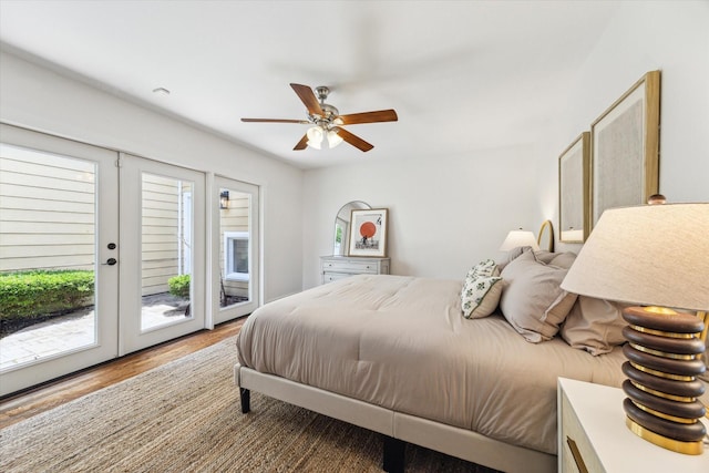 7811 Skyline Dr, Houston, TX 77063 - bedroom featuring access to outside, wood finished floors, french doors, and a ceiling fan