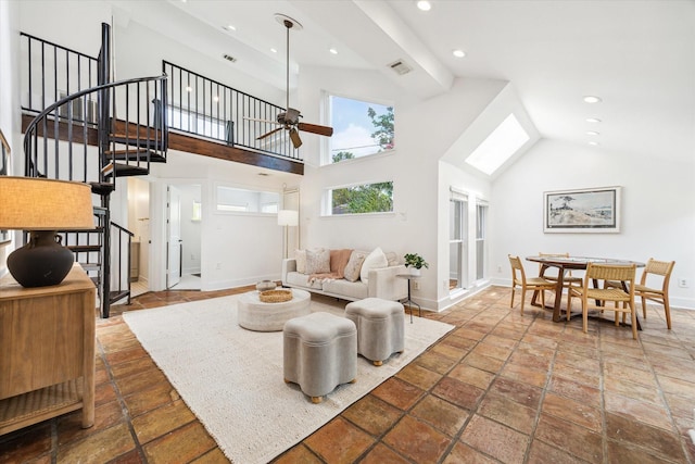 7811 Skyline Dr, Houston, TX 77063 - living area featuring stairs, baseboards, a ceiling fan, high vaulted ceiling, and recessed lighting