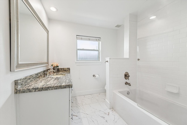 7811 Skyline Dr, Houston, TX 77063 - full bath with marble finish flooring, vanity, toilet, baseboards, and tub / shower combination